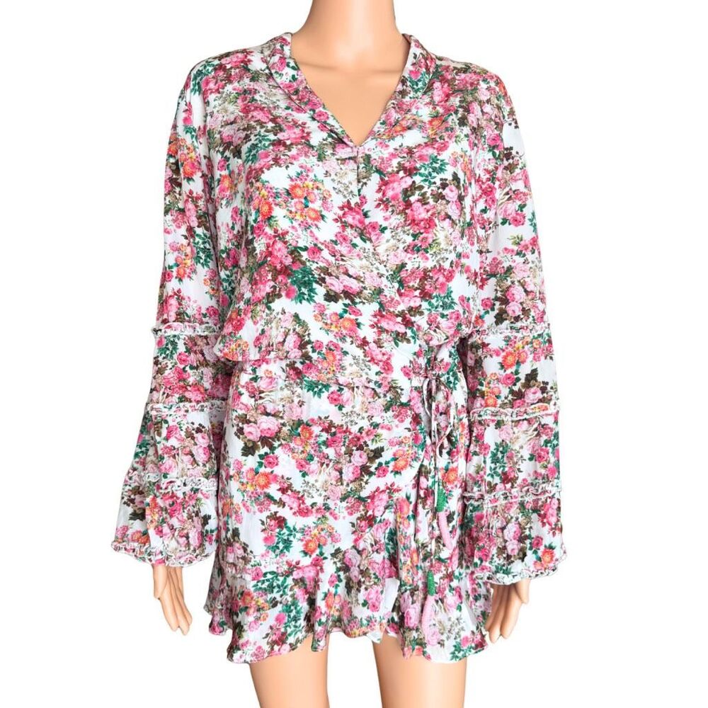 NWT ROCOCO SAND Vie Dress Small Pink Floral Ruffle Wrap Long Sleeve Mini Boho - Picture 2 of 7